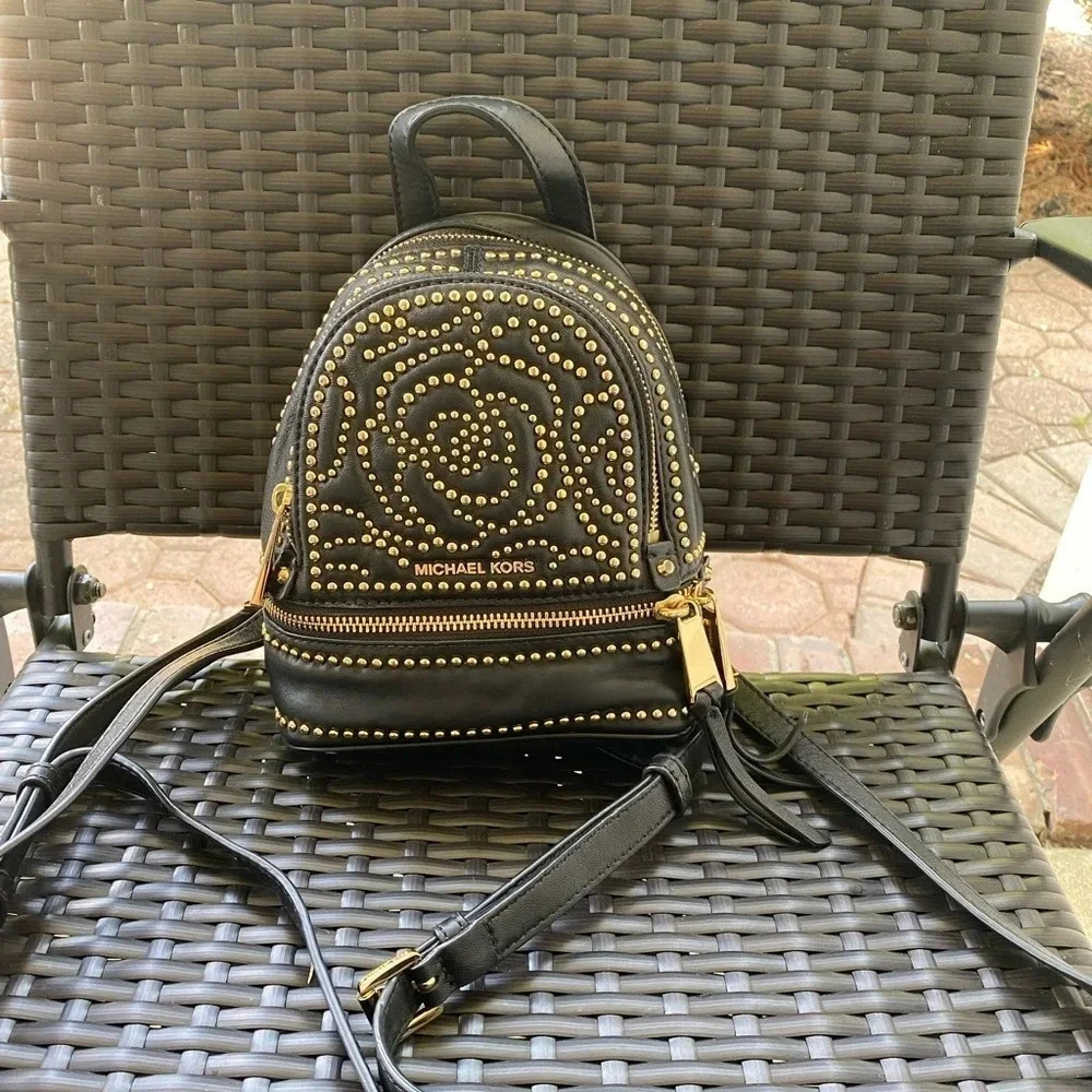 Rhea Medium Rose Studded Leather Backpack - Picture 2 of 11